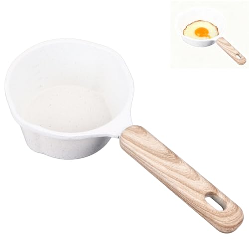 Tissting Cazo Antiadherente, 10 cm 280ml Cacerola para Leche con Mango de Madera Antiescaldado, Piedra Médica Cacerola Pequeña Olla para Derretir Mantequilla Blanco