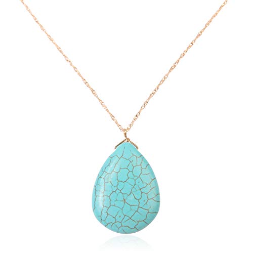 RIAH FASHION Bohemian Fringe Tassel Pendant Statement Necklace - Silky Strand Semi Circle Fan Thread, Pearl Turquoise Charm Delicate Long Chain (Teardrop Turquoise)