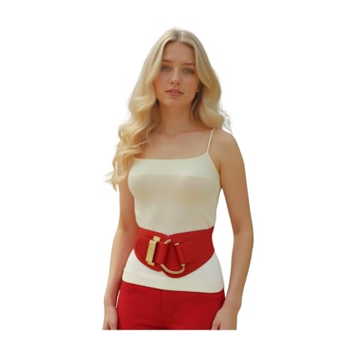 Women Classic Fashion Belt Hip High Waist Gold Metal Hook Buckle S M Red4