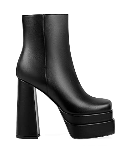 ANN CREEK Women's Double Platform Ankle Boots Chunky Heel Booties Side Zipper Square Toe High Heel Casual Boots2
