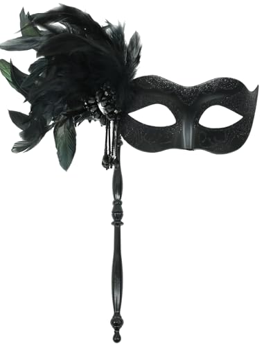LCKRVOL Black Masquerade Mask for Women with Stick Beautiful Feather Masquerade Mask with Rhinestone Fit Well Mardi Gras Venetian Mask for Halloween Birthday Prom Costume Cosplay Party
