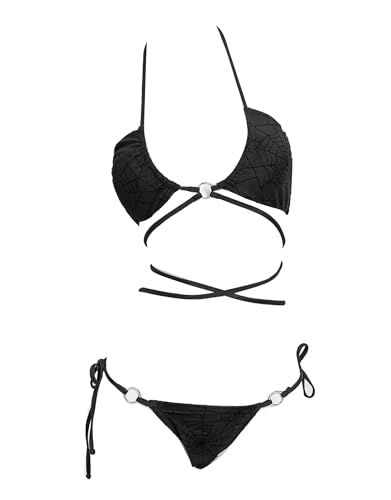 Meowcos Women's Bikini Sets Gothic Bathing Suit Flocked Spider Web Two Piece Swimsuit