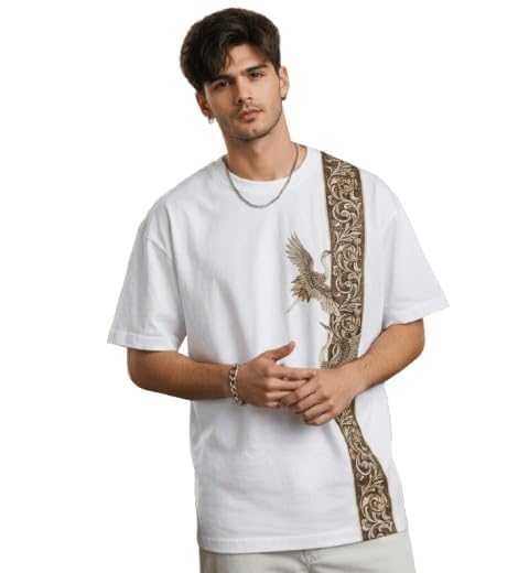 Image of Men's Oversized Black T-Shirt with Crane Bird and Floral Embroidery, Casual Streetwear