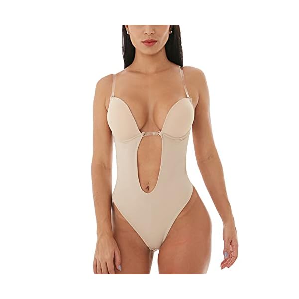 Defitshape-Womens-Backless-Bodysuits-U-Plunge-Seamless-Thong-Full-Bodysuits Defitshape Women's Backless Bodysuits U Built-in Bra Shapewear Low Back Thong Bridal Wedding Undergarments Open Crotch Khaki 34 fit 34C/34D/36A/36B