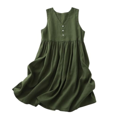 Veslyn Vestido Mujeres Ropa De Algodón Midi V Cuello Botón Abajo Sin Mangas Suelto Ajuste Verano Casual Transpirable Vacaciones-Army Green-XL