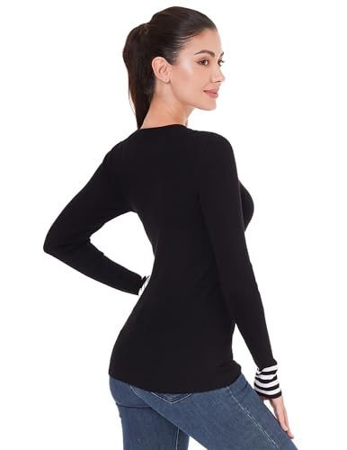 AmélieBoutik Women V Neck Sexy Faux Wrap Slim Fitted Striped Trim Long Sleeve Sweater Top2