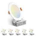 Amico 6 Pack 6 Inch 5CCT Ultra-Thin LED Recessed Ceiling Light with Junction Box, 2700K/3000K/3500K/4000K/5000K Selectable, 12W Eqv 110W 1050LM Brightness Dimmable Canless Wafer Downlight, ETL & FCC