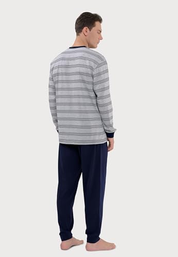 El Búho Nocturno Mens Pajama Set Long Sleeve Knit Premium Striped Pajama Set for Men, 85% Cotton, 15% Viscose, Grey 5590, M3