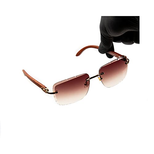 Street Knitted Men Women Rimless Gold Frame Stylish Burgundy Tinted Gem Cut Lens Woodgrain Shades 90s Rectangle Cool Frameless Retro Trendy Hip Hop Old School Unisex Square Sunglasses