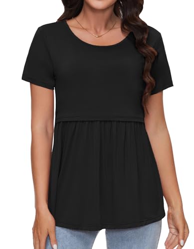 Sosolism Camisetas de Maternidad Fluidas para Embarazo Top de Manga Corta de Lactancia Camisetas de Verano para Amamantar Negro, Pequeño