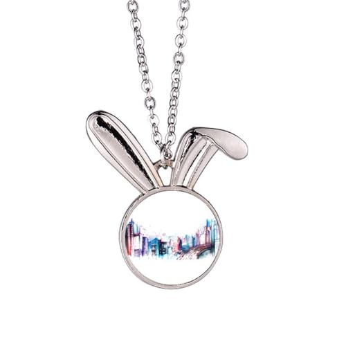 Collier lapin et gratte-ciel style aquarelle, un pendentif aux finitions artistiques épurées
