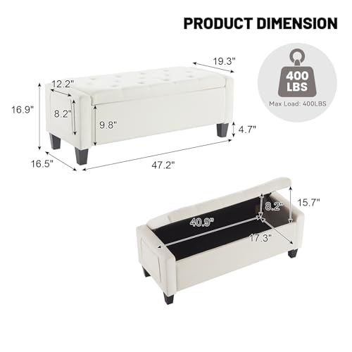 Image of Velvet Storage Ottoman Bench for Bedroom, End of Bed Bench with Button, Side Storage Pockets, Organizer Storage Chest, Upholstered Foot Rest, Load up to 400 lb, for Living Room, Entryway, Beige