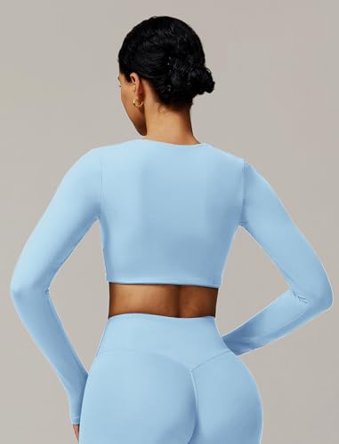 Image of ABOCIW Women Square Neck Long Sleeve Workout Crop Top Low Medium Impact Athletic Yoga Gym Shirts with Built in Bra(ONLY TOP)