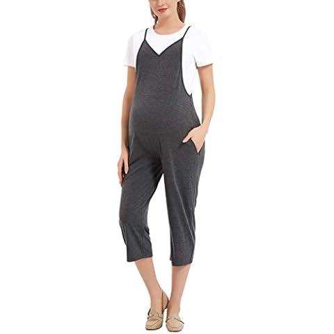 GINKANA Maternity Jumpsuit Casual Capri Adjustable Spaghetti Strap Jumpers Rompers with Pockets Maternity Clothes - grey - S Cover