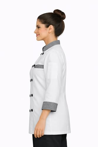 Image of Women Chef Coat for Hotel Restaurant & Kitchen Staff | White Chef Uniform with Black Piping | Professional Chef Jacket for Women
