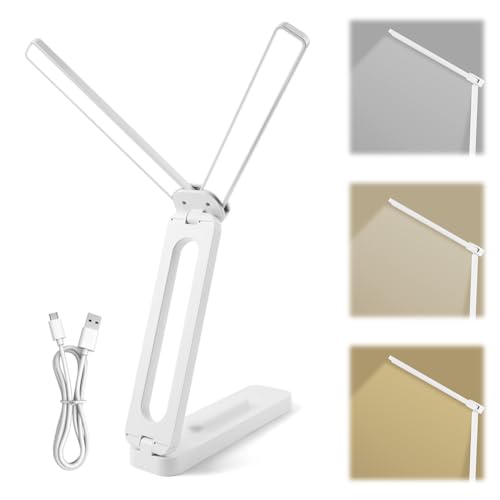 vsshe Lámpara Escritorio LED, Flexo Lámpara Táctiles Plegables, Lamparas sin Cables Noche, 3 Modos de Luz, Puerto USB de Carga, Protección Ocular Lampara para Dormitorio, Lectura, Estudio, Blanco