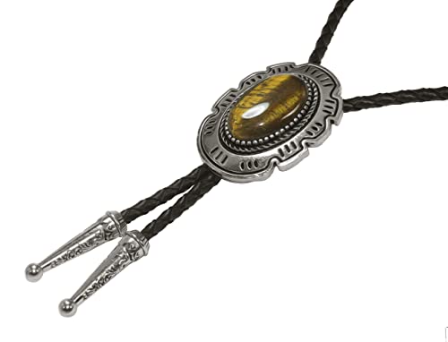 Image of Moranse Bolo Tie with Natural Tiger Eye Stone Celtic Style Genuine and Cowhide Rope