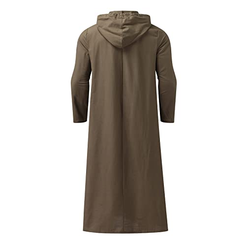 Muslim Hooded Kaftans for Men Linen Robe Long Sleeve Button Down Long Gown Drawstring Shirts Thobe with Pockets