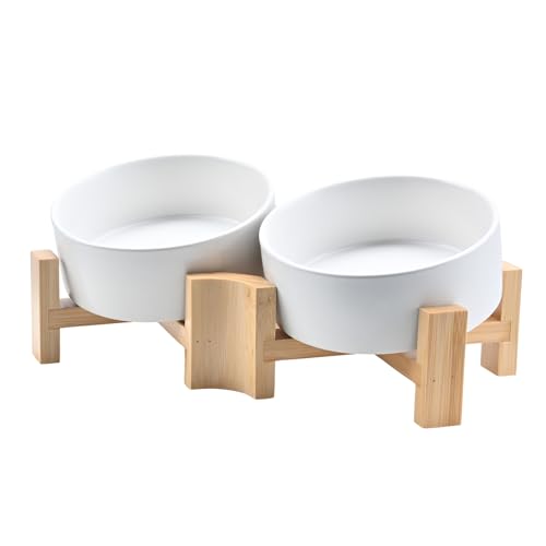 FeedFurry 犬 餌入れ ボウル 15度 斜め 陶器 猫 えさ 皿 ペット 食器 水入れ 木製 ボウルスタンド付 高さ調整可能 フードボウル 食べやすい 小型犬 400ml ホワイト