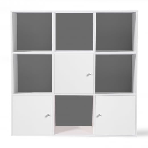 IDMarket – Mueble de almacenamiento cubo Rudy 9 cajas madera blanca con 3 puertas fondo gris