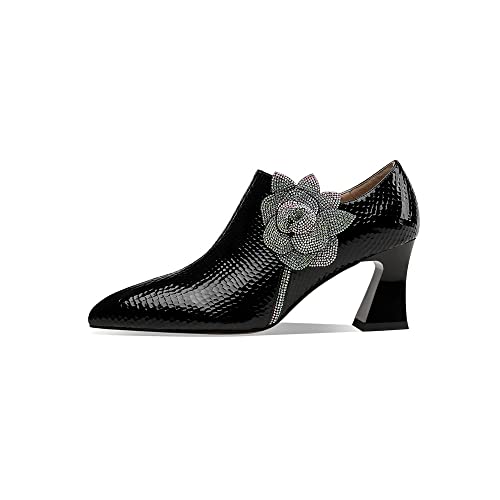 TinaCus Women's Pointed Toe Patent Leather Handmade Flower Décor Side Zip Up Mid Chunky Heels Pumps Shoes2