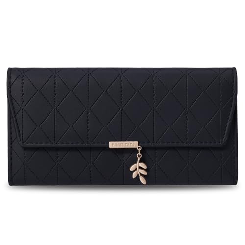 Image of aurrako Wallets for Women Leather Credit Card Holder RFID Trifold Ladies Wallets Coins Zipper Pocket with ID Window Large Capacity (Black)