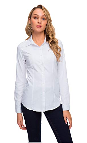 Double Plus Open Women Basic Tailored Collared Button Down Dress Shirt Long Sleeve Blouse White S