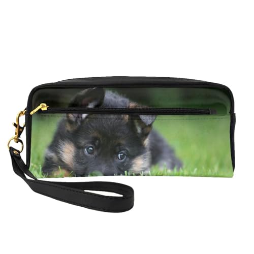 Cani di Bokeh del prato inglese degli animali domestici del cucciolo di pastore tedesco Borsa per il trucco per cosmetici da viaggio portatile da toilette Astuccio pelle