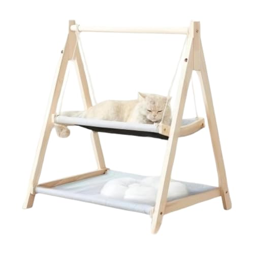 AOPIPI 猫用ハンモック、ペット用ベッド、シンプル、天然木、耐久性、組み立て簡単、かわいい、自立式、休憩、日光浴、猫の飼い主が購入するのに適しています (A,二重層)