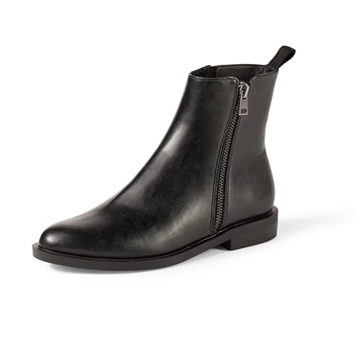 Amazon Essentials Botines Planos con Cremallera Exterior Mujer, Negro Cuero de Imitación, 39 EU