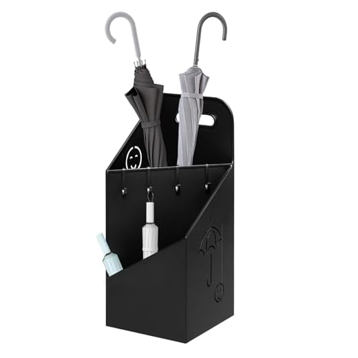 WOLTU Portaombrelli con 4 Ganci e 2 Aree Separate, in Metallo Antiruggine, con Design a Conca e Sorriso, per Corridoio, Ingresso, Nero