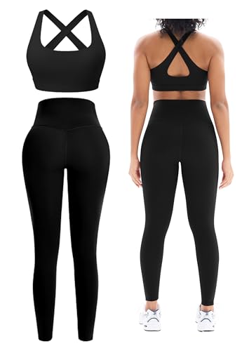2 Piece Workout Sets for Women Seamless High-Waisted Leggings & Cross Back Padded Sports Bra for Yoga Athletic Pilates Gym
