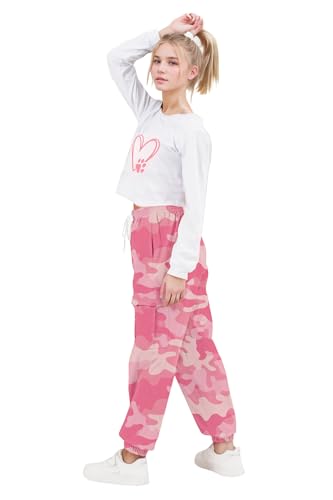 Image of ARTMINE Girls 2 Piece Outfits Long Sleeve Tee Shirts and Cargo Jogger Pants Set, 6-14 Years