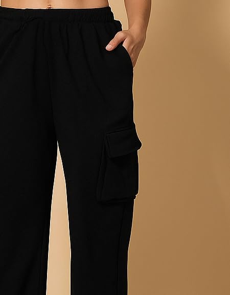 Image of Women's Black Cargo Trousers, Wide Leg, Elastic Waist, Multi-Pocket, Casual Style