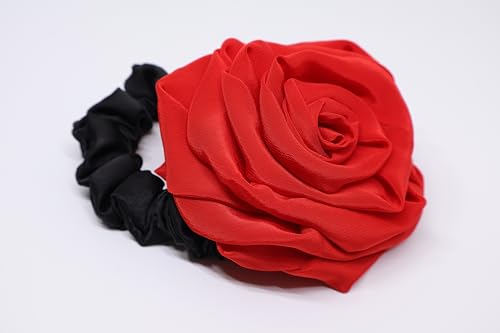 Image of Satin Scrunchies Hair Bands for Women | No-Damage Elastic Hair Ties for Ponytails & Buns | Fluffy & Stylish Rubber Bands | Free Size | Pack of 1 (Coral Red Rose)