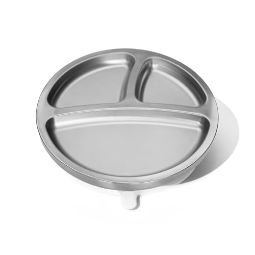 Image of Avanchy Baby Plates with Suction – Stainless Steel Divided Plates for Toddlers, BPA-Free, Dishwasher Safe, Unbreakable, Non-Toxic, 100% Silicone Suction – White