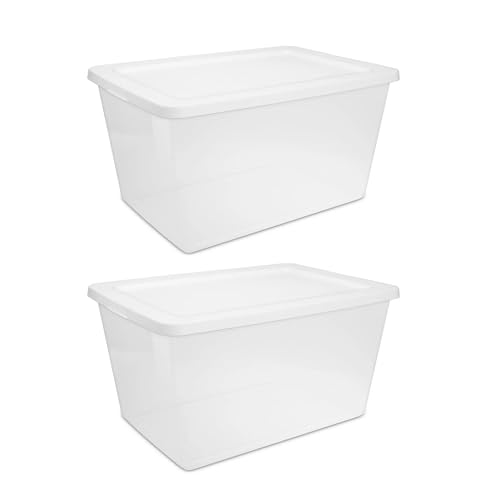 2-Pack 58 Quart Clear Storage Bins with Snap-On White Lids,