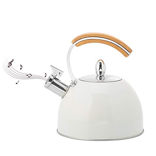 Hervidor de Silbato de Acero Inoxidable, Forma �nica Tetera de Silbato Tetera para Agua Hirviendo con Mango Anti-Quemaduras para Hornillo Fogon Cocinas de inducci�n 3 litros (Blanco)