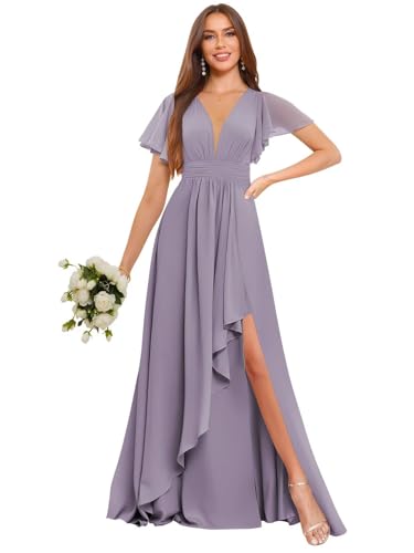 Image of Deep V Neck Chiffon Bridesmaid Dresses Ruffle Formal Dress with Sleeves Pleated High Low Evening Gowns for Women