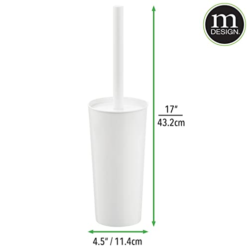 Image of mDesign Metal Freestanding Slim Toilet Bowl Brush and Holder + Rectangle Narrow 5 Liter / 1.3 Gallon Step Pedal Trash Can Wastebasket for Bathroom - Small, Compact Design - Set of 2 - White