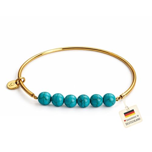 happymaker Bracelet en pierres naturelles, jonc élastique en acier inoxydable doré pour femme avec perles de Pierre turquoise, fabriqué à la main en Allemagne