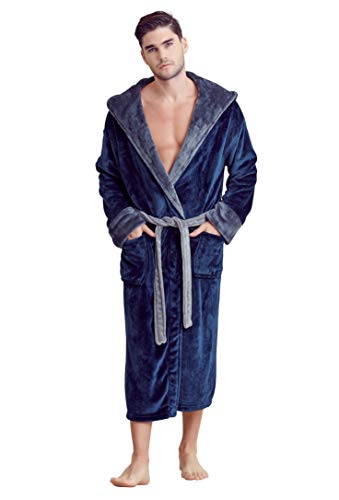 Soft Touch Linen Mens Bath Robe  Hooded Shower Robe  Polyester Full-Length Warm Kimono (L/XL, Navy-Dark Gray)