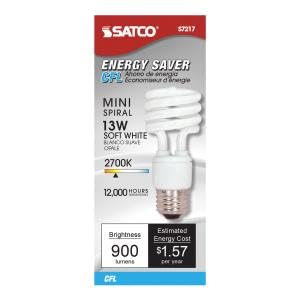 12 Pack Satco S7217 13 Watt T2 Ultra Mini Spiral 2700K Soft White Compact Fluorescent Light Bulb (60 Watt Replacement) #TOP6