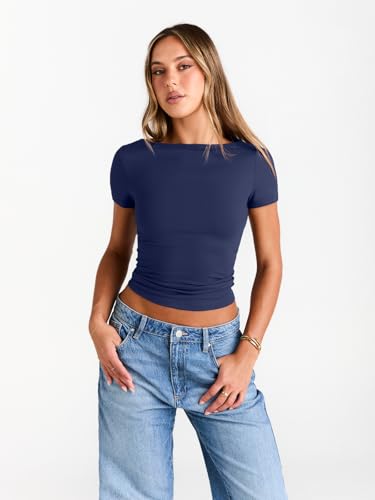 Image of Trendy Queen Womens Boat Neck Tops Short Sleeve Shirts | Compression Basic Tops,Y2K Aesthetic Slim Fit,Professional Business Casual, Polished Teacher Outfits