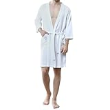 Dowesrobe Men's Waffle Robe, Lightweight Knee Length Kimono Bathrobe, Nightgown Shower Robe for Spa (Large, White)