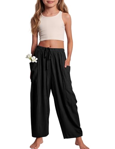 Image of COZYPOIN Girl's Wide Leg Pants Elastic Waist Loose Fit Flowy Casual Beach Palazzo Harem Trousers with Pockets 5-14 Y