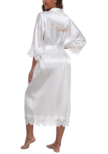 VOGUEMAX Womens Long Bride Bridesmaid Robe Lace Trim Sleepwear Getting Ready of Wedding Silky Kimono Robe2