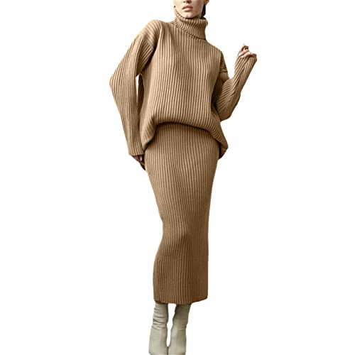 Combinaison en tricot femme anti-froid ensemble deux pièces col roulé et jupe midi kaki