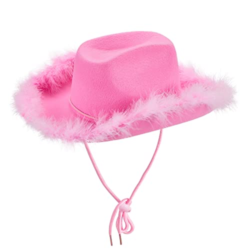 Cowboy Hats for Women,White Pink Cowgirl Hat with Fluffy Feather Trim,Cow Girl Hat Costume Party Play Dress Up (Pink)