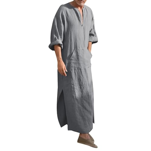 Muslim Robe Kaftan for Men Long Sleeve Solid V Neck Shirts Linen Kaftan Muslim Long Gown Side Split Ethnic Thobe Robe3